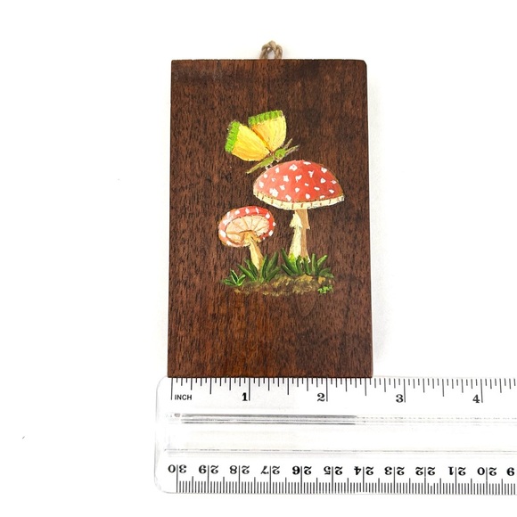 Miniature Tole Wooden Wall Plaque Painted Mushrooms and Butterfly - Picture 3 of 6